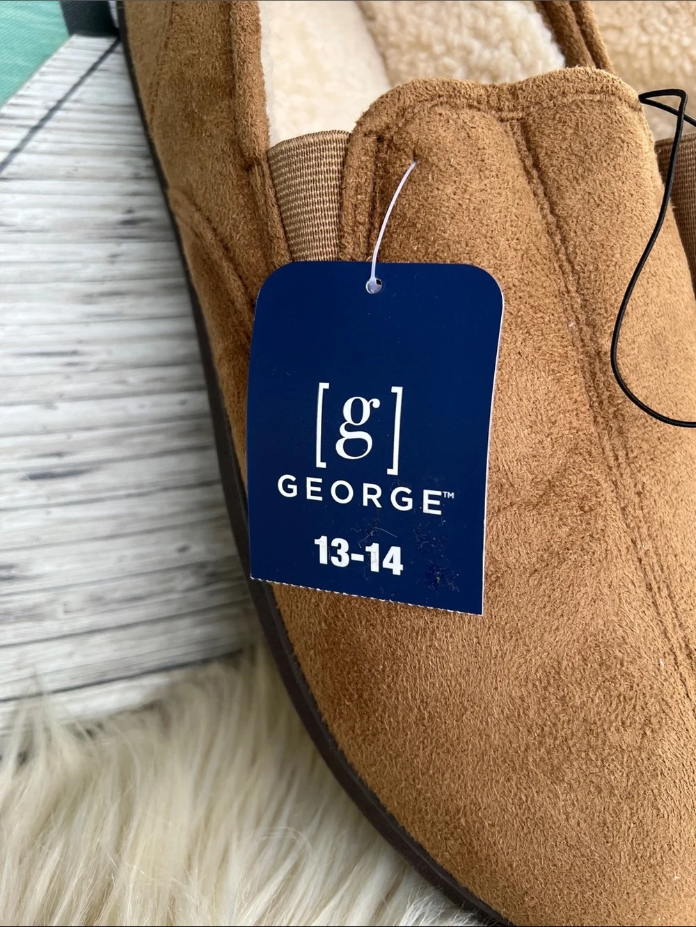 George Men's Tan Brown Suede-Look Fleece Lined Slip-On Slippers